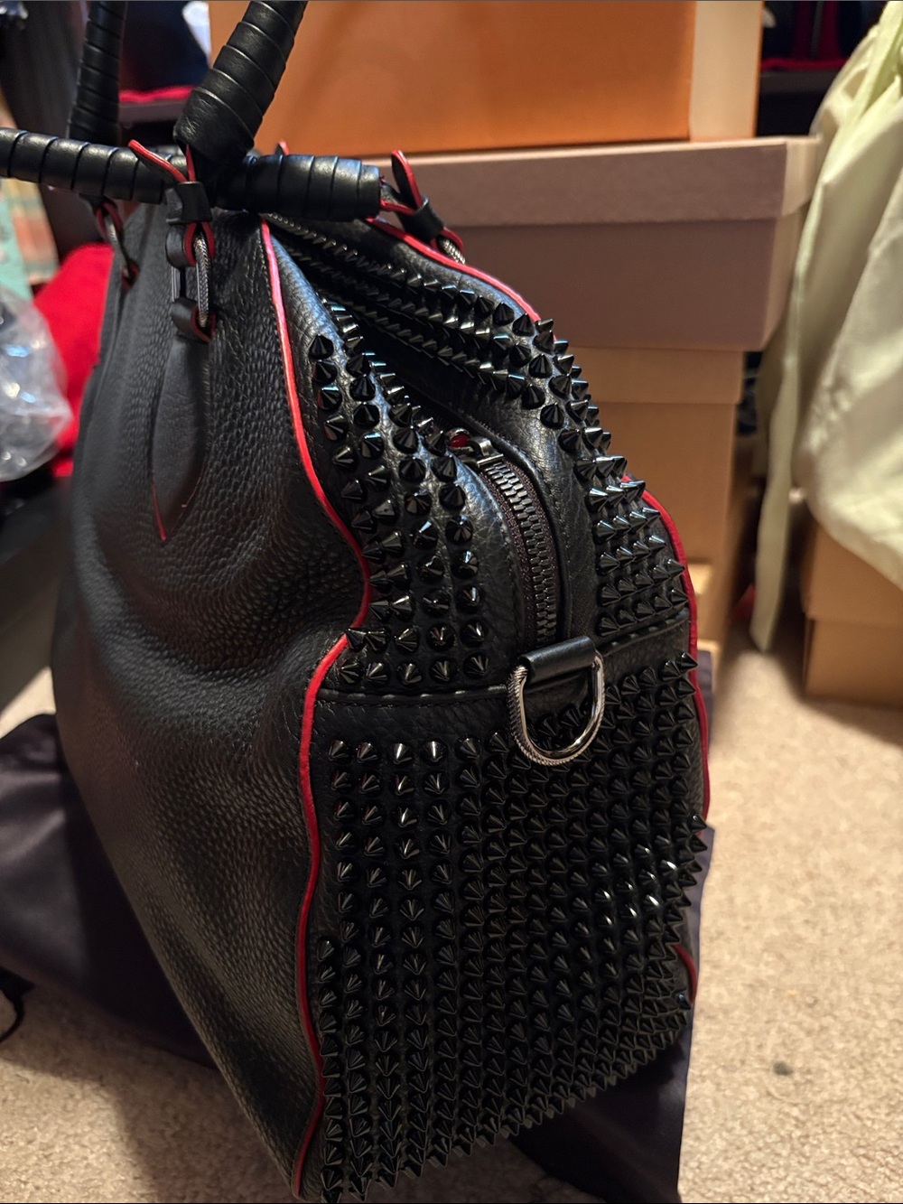Christian Louboutin Black Leather Stud-Trim Tote with Red Edge Piping - Picture 2 of 5